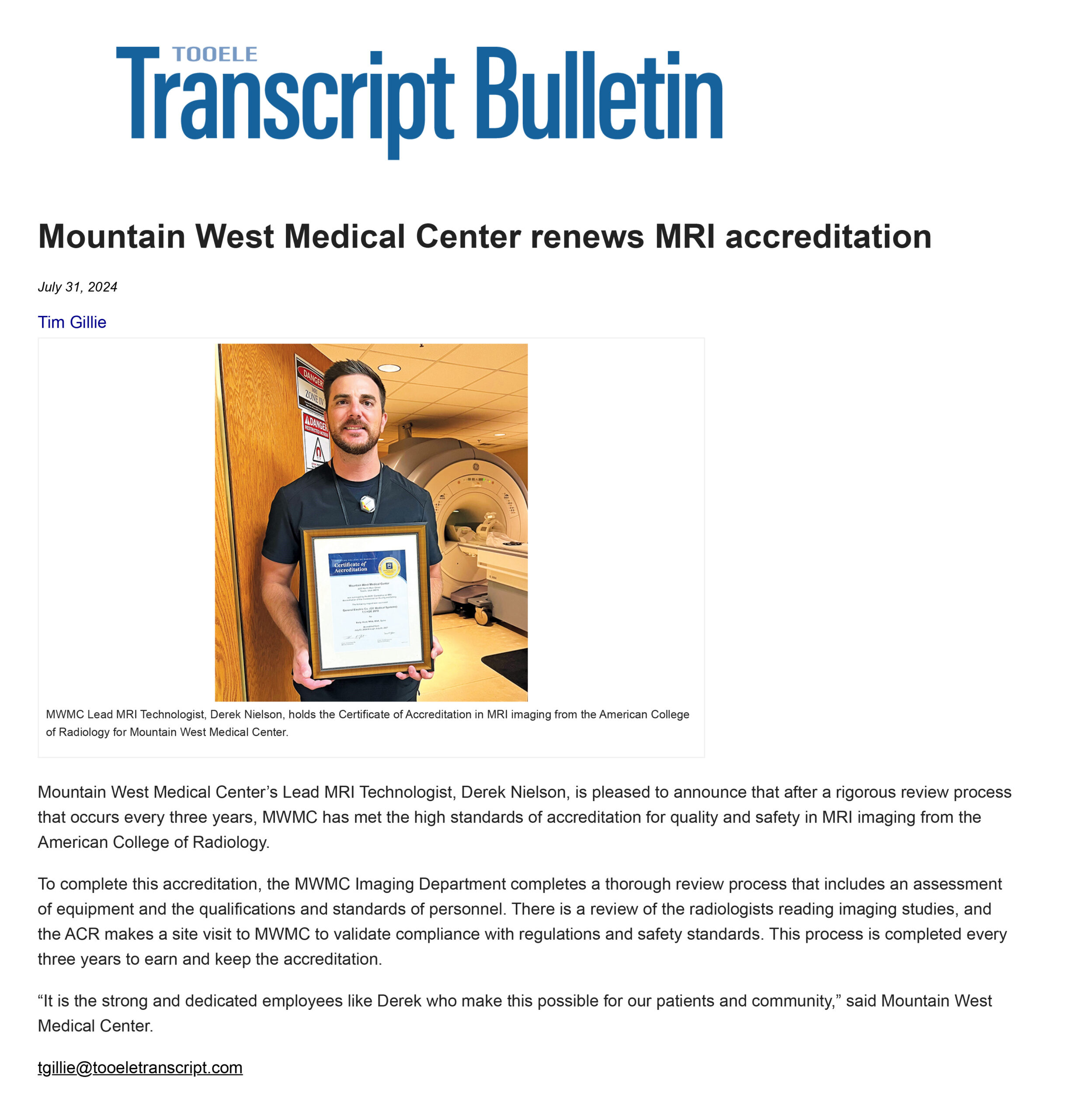 Mountain West Medical Center Renews MRI Accreditation